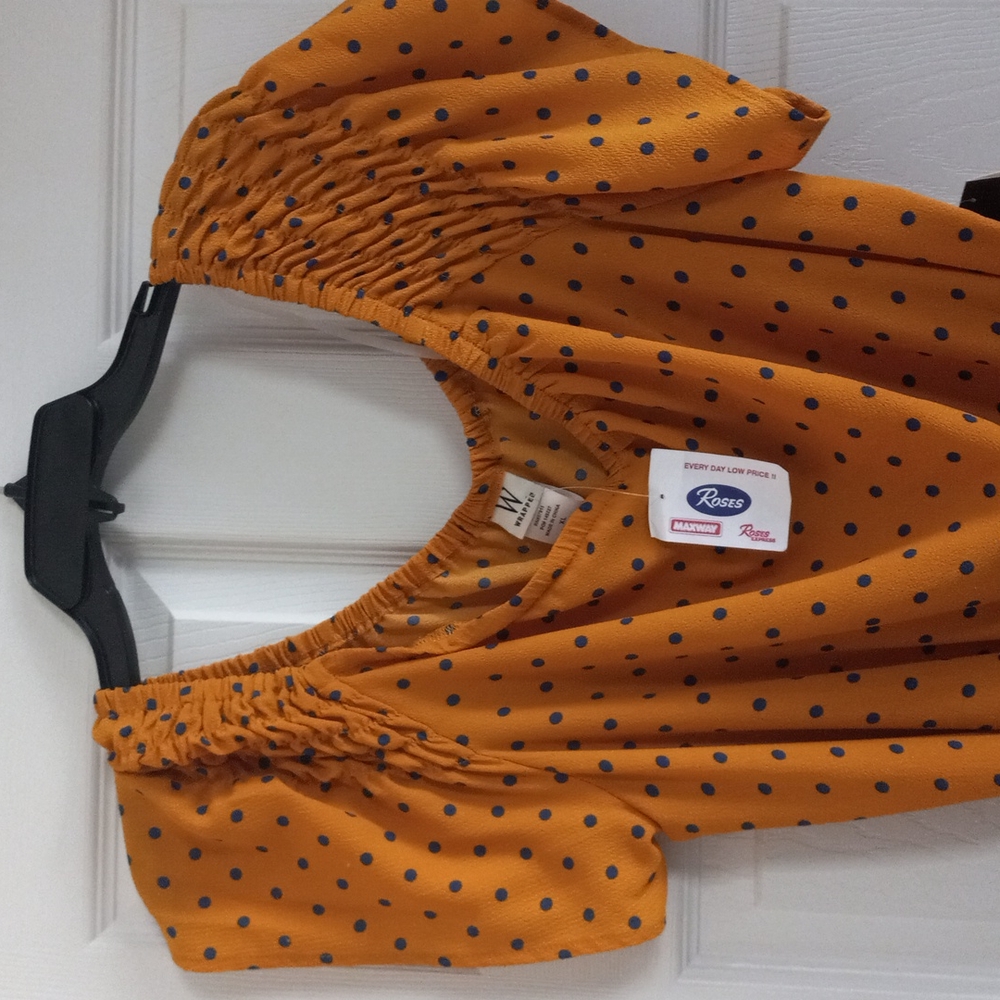 Women cool belted dress, scoop neck.mustard gold with blue poko dots.